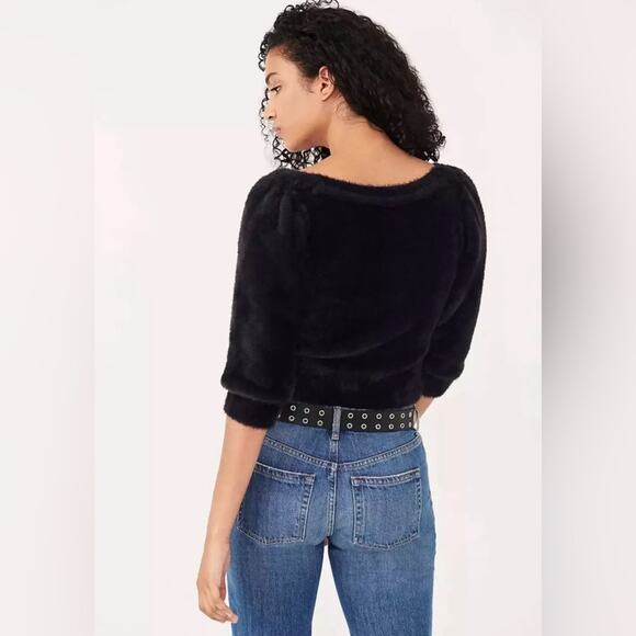Free People Grunge Boho Moonbeam 3/4 Puff Sleeve Pullover Cropped Sweater Black - Picture 11 of 16